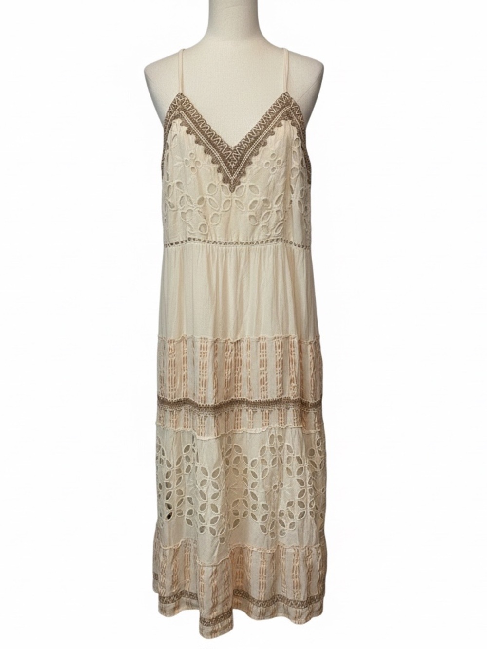 Me 2 Anthropologie Ivory w/neutral trim embroidered Boho western tiered Maxi - Picture 2 of 4